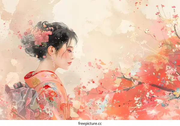 Beautiful Asian Woman in Traditional Japanese Kimono with Cherry Blossom Flowers