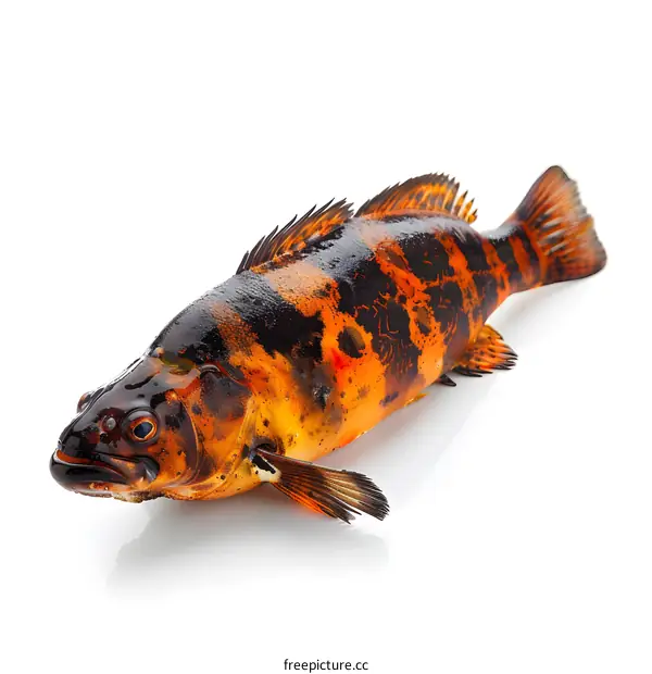 A large orange and black fish lies on a white surface