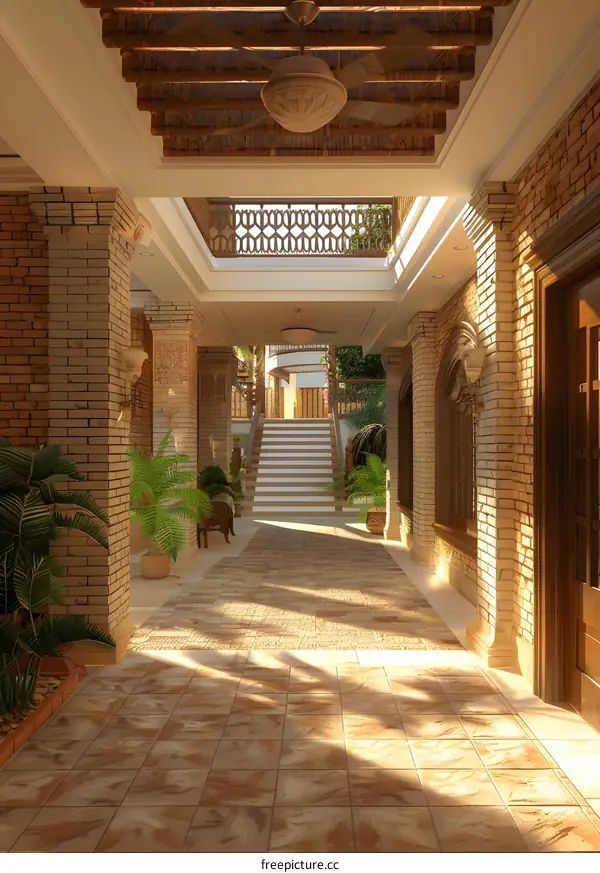 Luxury Courtyard With Brick Walls And Stone Floor
