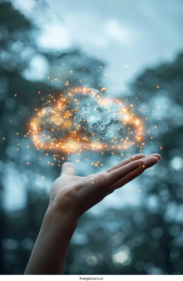 Hand holding a glowing cloud with a map of the world