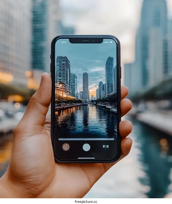 Hand Holding Smartphone Showing Cityscape Photo