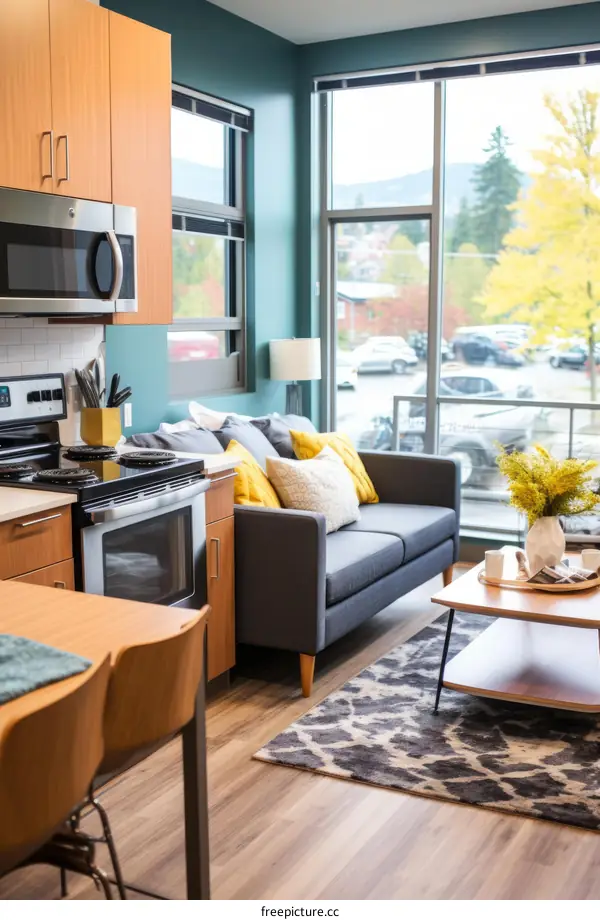 Modern Apartment Living Room with Large Windows