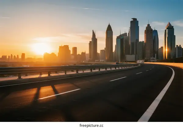 Sunset view of modern city skyline with empty road in foreground