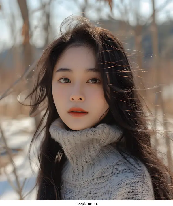 Portrait of a Young Asian Woman with Long Hair Wearing a Grey Sweater