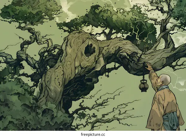 Ancient Tree and  Monk Illustration