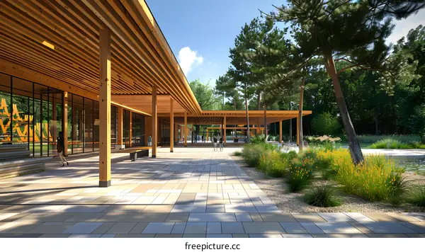 Modern Wooden Building in a Park Setting