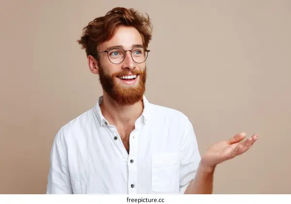 Smiling Man in White Shirt Presenting