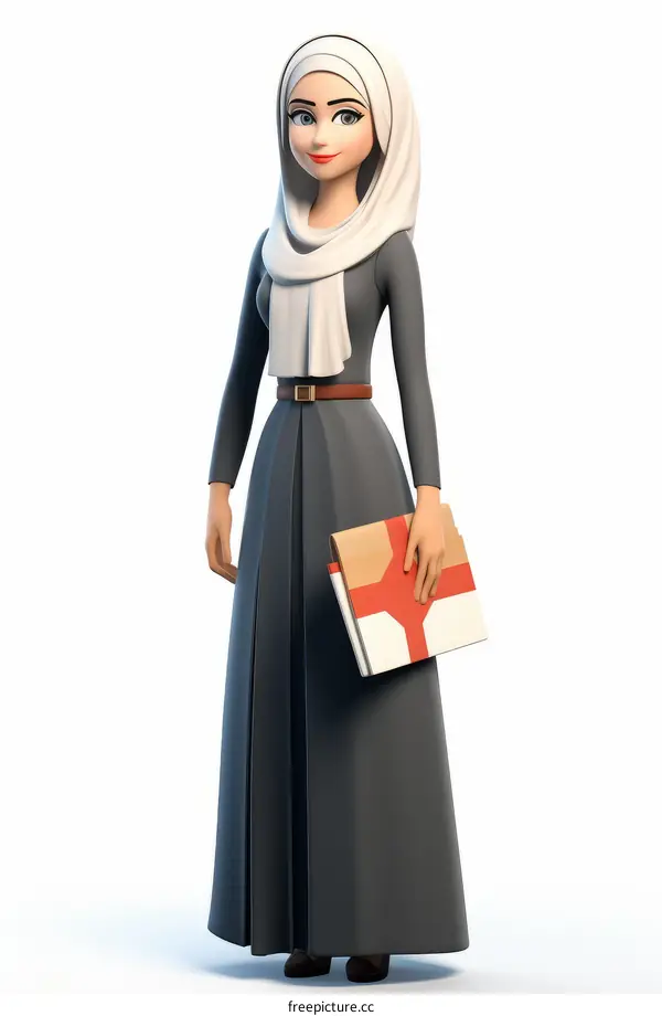 A young Muslim woman wearing a hijab is standing and holding a book