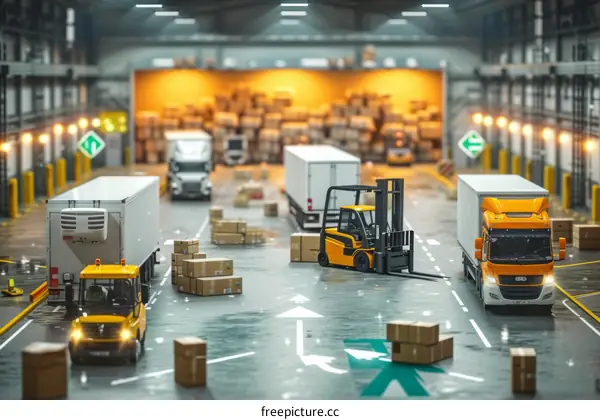 A large warehouse with many boxes and forklifts