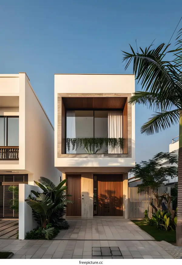 Modern Minimalist House Exterior Design With Wooden Doors And Balcony