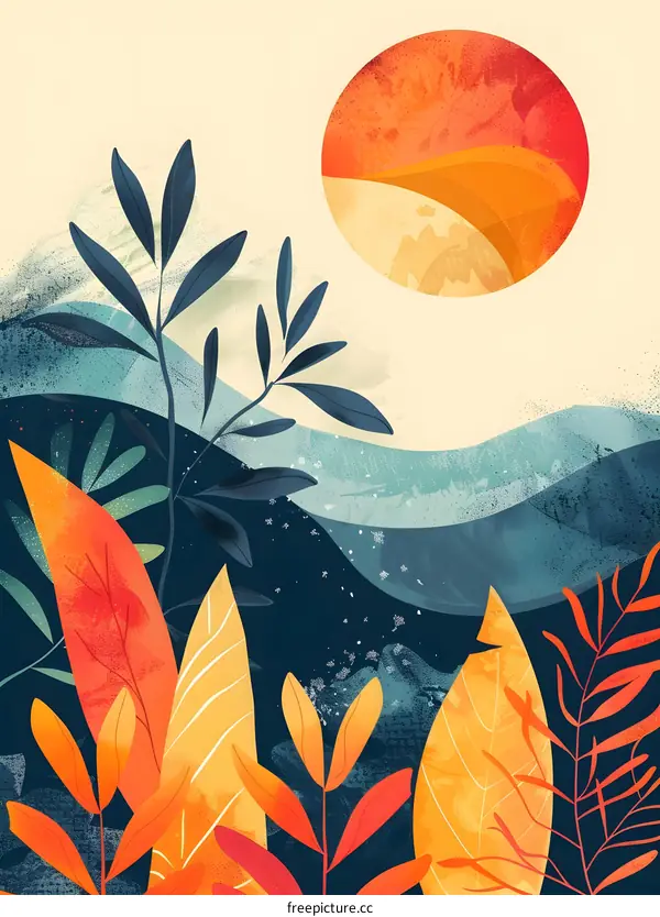 Abstract Illustration of Colorful Leaves and Sun
