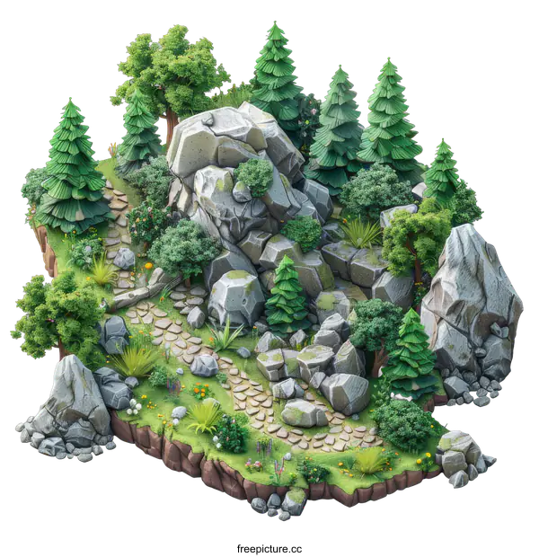[Transparent Background PNG]Floating island with trees rocks and path