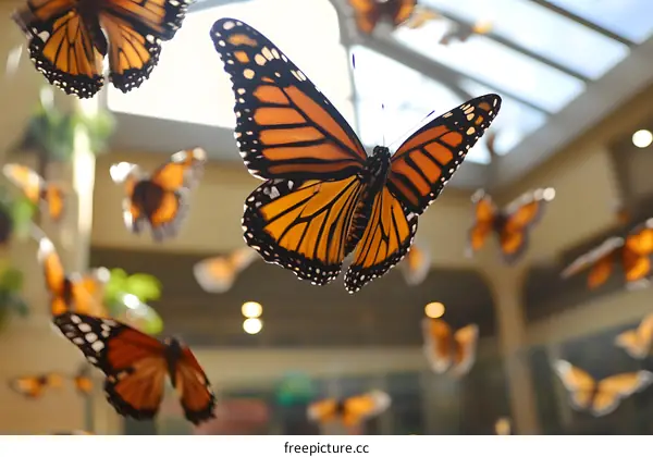 Monarch Butterflies Flying in a Conservatory