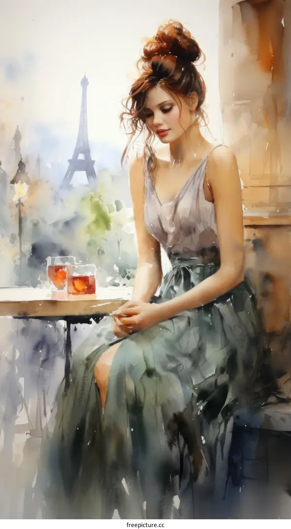 An elegant woman is drinking red wine in front of the Eiffel Tower