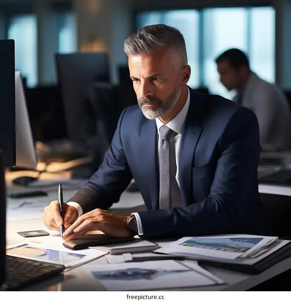 Hardworking Businessman Working Late in His Office