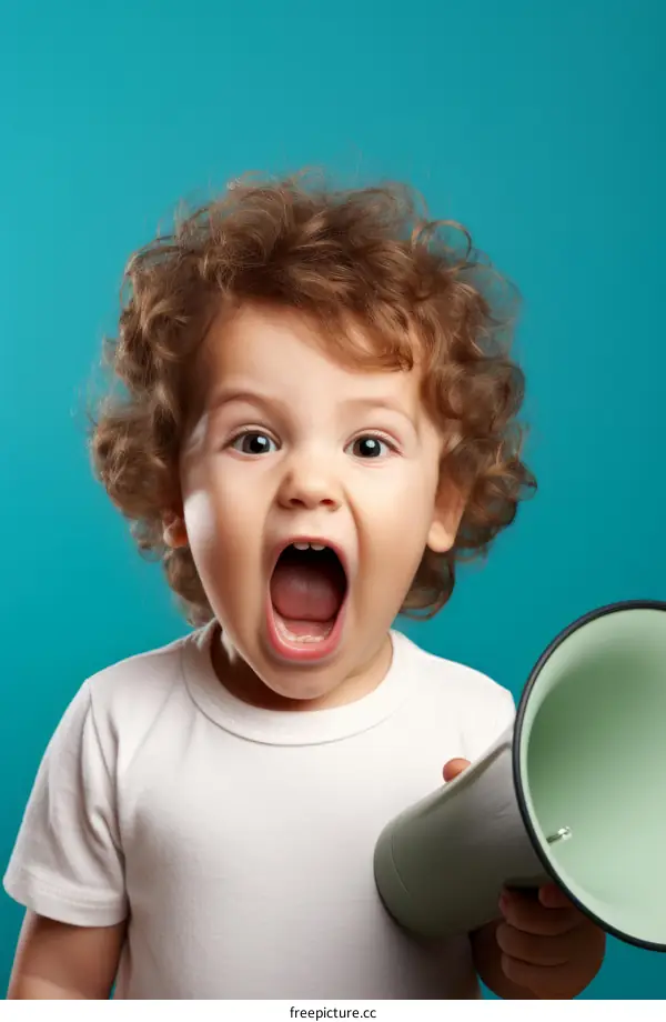 Curly Haired Toddler Boy Holding a Megaphone with Mouth Open in Surprise