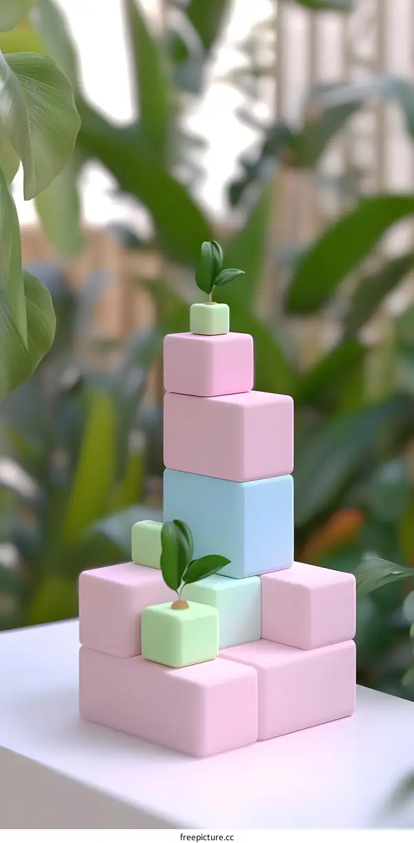 Pastel Colored Cubes with Green Plants on Top
