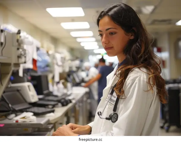A female doctor is wearing a white coat and stethoscope in the hospital.