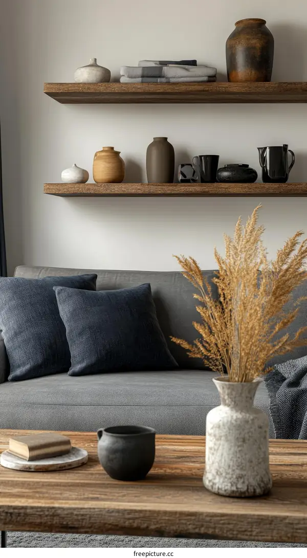 Modern Minimalist Living Room Decor with Wooden Shelves