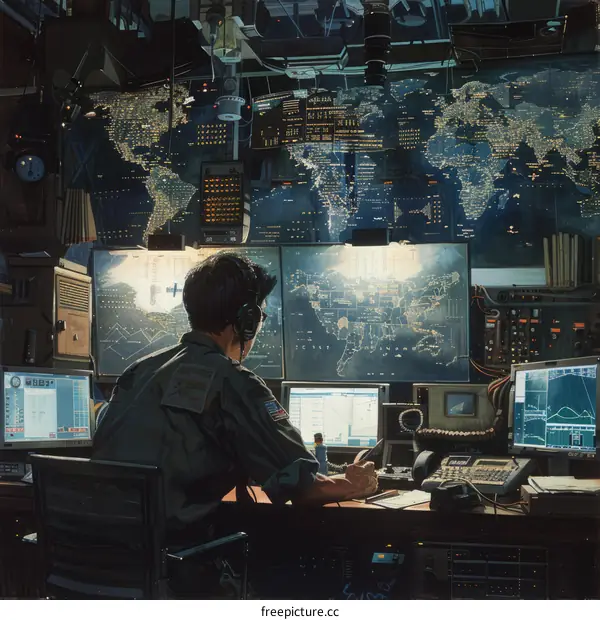 Soldier Operating Computer Console in Military Command Center