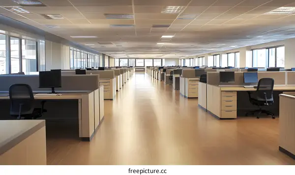 Empty Modern Office Workspace with Desks and Chairs