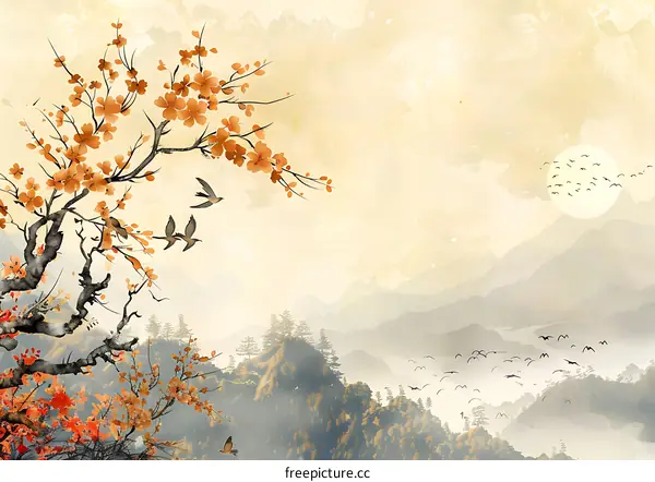 Watercolor Painting of a Mountain Landscape with Birds and a Tree in Bloom