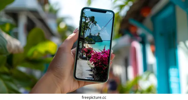 Hand Holding Smartphone With Tropical Beach Photo On Screen