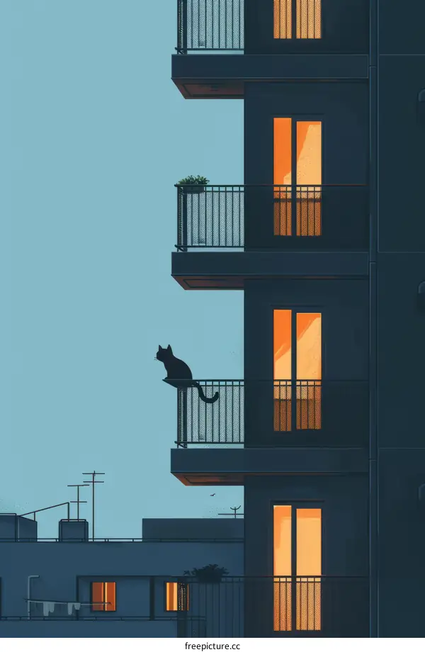 A black cat sitting on the railing of a balcony in an apartment building