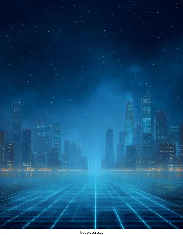 Futuristic Cityscape at Night with Neon Grid