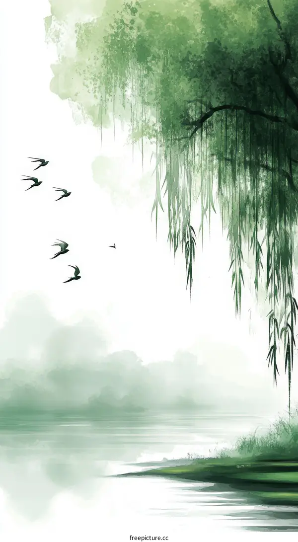 Misty Green Landscape Painting with Birds