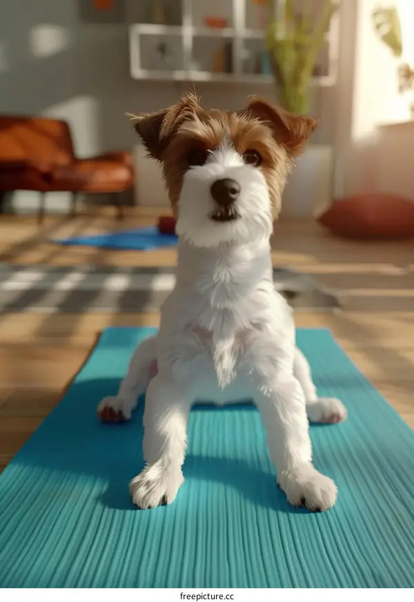 A cute dog is sitting on a yoga mat