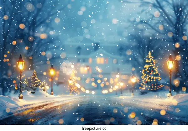 Snowy Street in a Winter Night