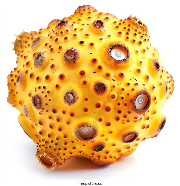 A yellow spiky fruit with holes