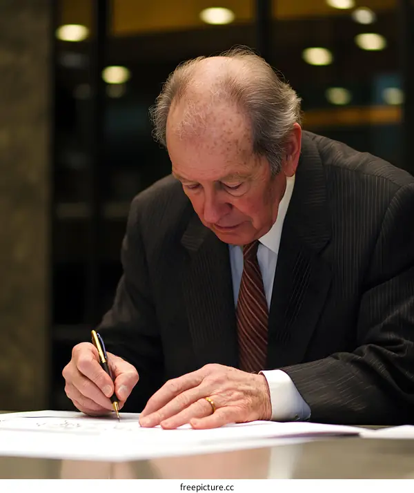 Elderly Man in a Suit Signing a Document