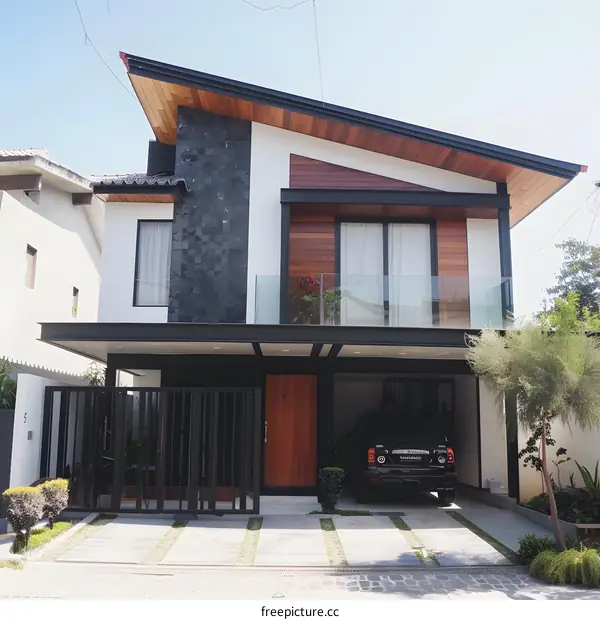 Modern Home with Black Roof and Wooden Accents