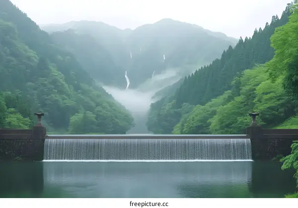 Scenic Waterfall and Dam in a Lush Mountain Landscape