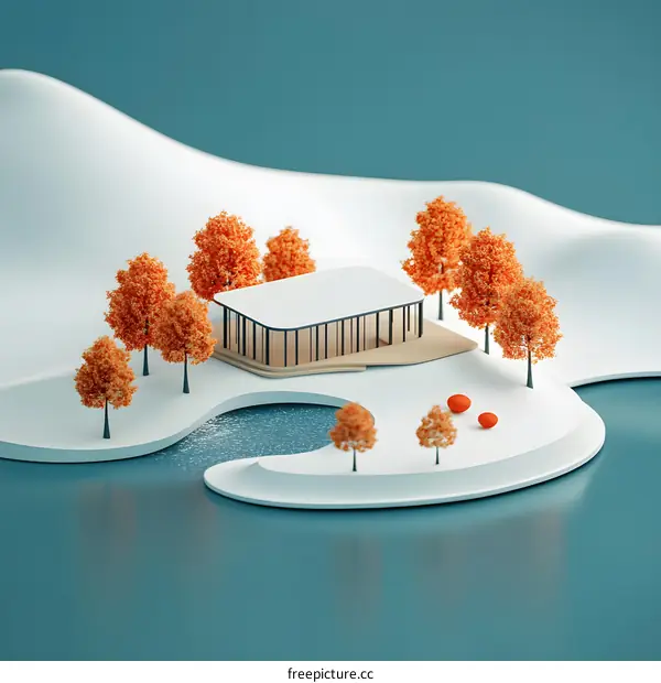 Minimalist 3D Illustration of a Modern House in a Winter Landscape