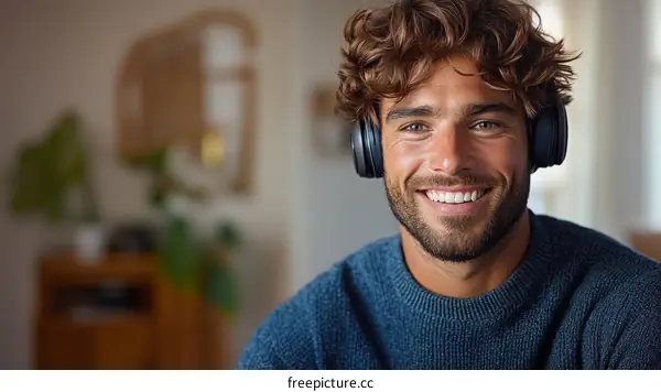 Smiling Man Wearing Headphones in Cozy Home Interior