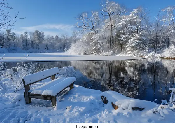 Snowy Bench by the Frozen Lake