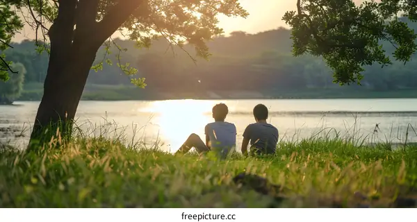 Two Friends Enjoying Sunset by the Lake
