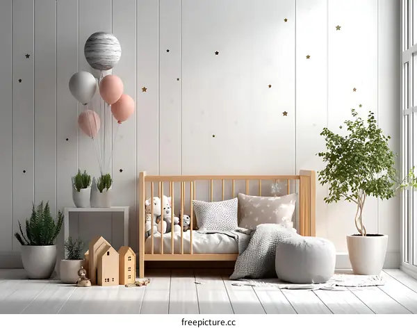 Baby Nursery Decor with Balloons and Wooden Toys