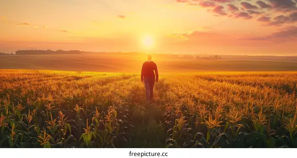 Man walking through a field of wheat at sunset