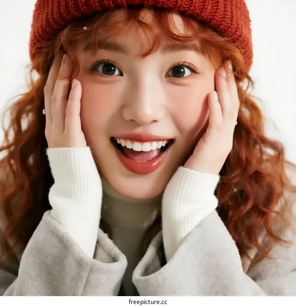 Young Woman with Curly Red Hair Wearing Warm Winter Hat and Coat