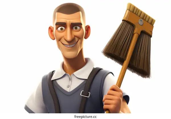 A cartoon man holding a broom