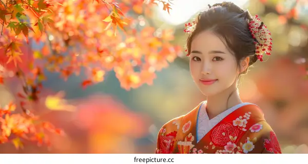 Portrait of a Japanese woman in traditional kimono with autumn leaves in the background