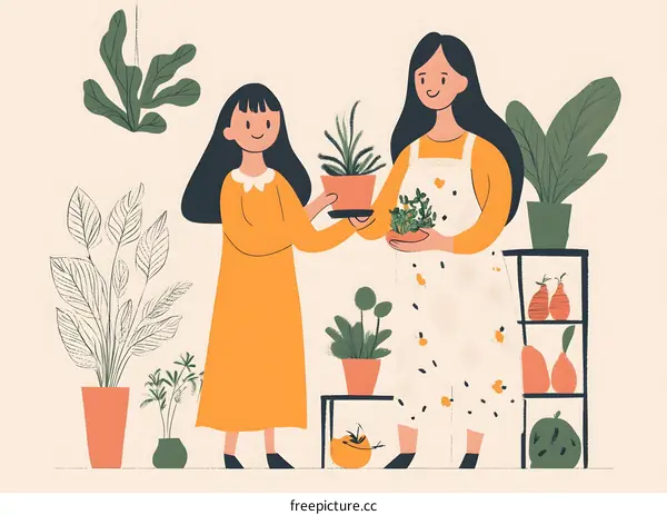 Two Girls Holding Potted Plants in a Room With Other Plants
