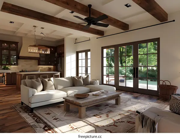 Modern Farmhouse Living Room with White Sofa and Wooden Coffee Table