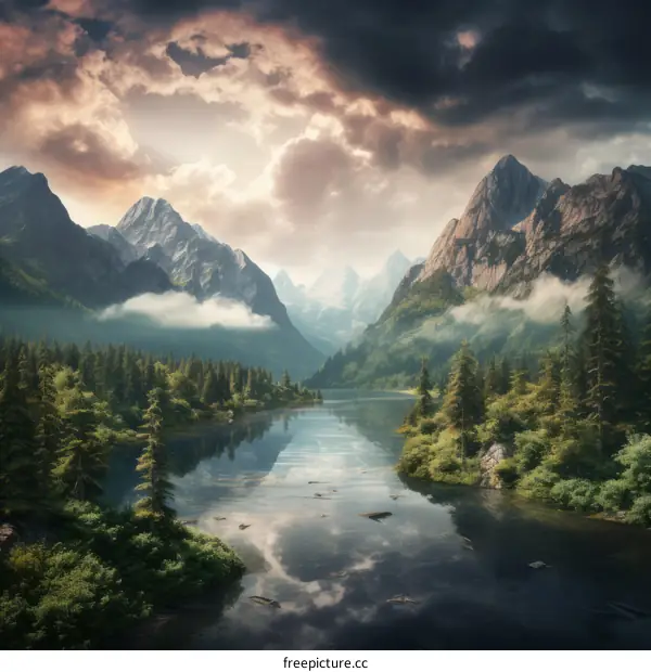 Misty mountains and calm lake landscape