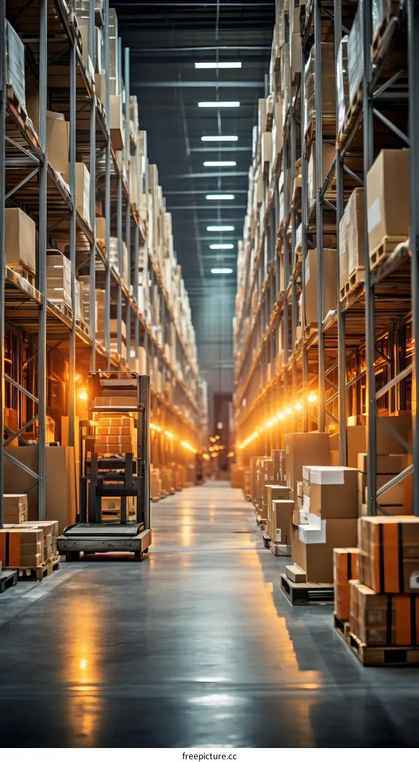 A perspective view of the interior of a warehouse with selective focus on the center aisle