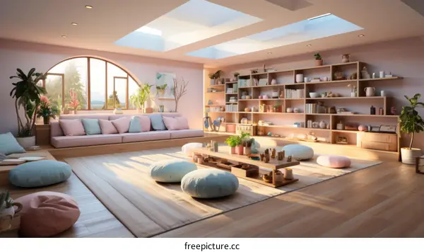 A beautiful living room with a large window, a bookshelf, and a seating area